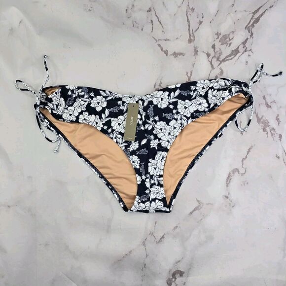 J Crew Swim Bottom 2X Navy Floral Hipster Curved Cheeky Bikini Low Rise Ties Bow - Picture 1 of 11